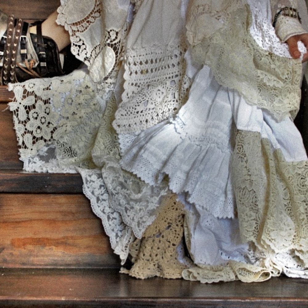 Bohemian Lace Tiered Maxi Skirt in Ivory and Beige